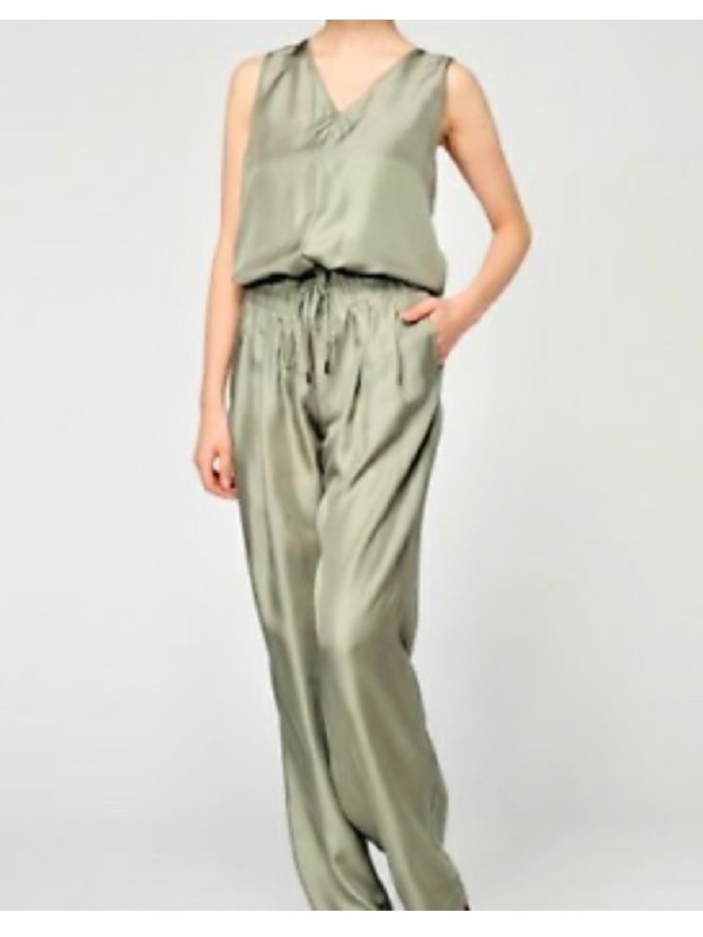 rag & bone Olive Satin Wide-Leg Jumpsuit